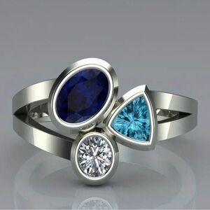 Tricolor Gems Stones Silver Plated Ring. size 7